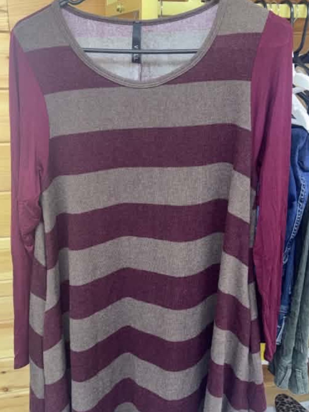Striped Scoop Neck Long-Sleeve Tunic in Burgundy and Taupe